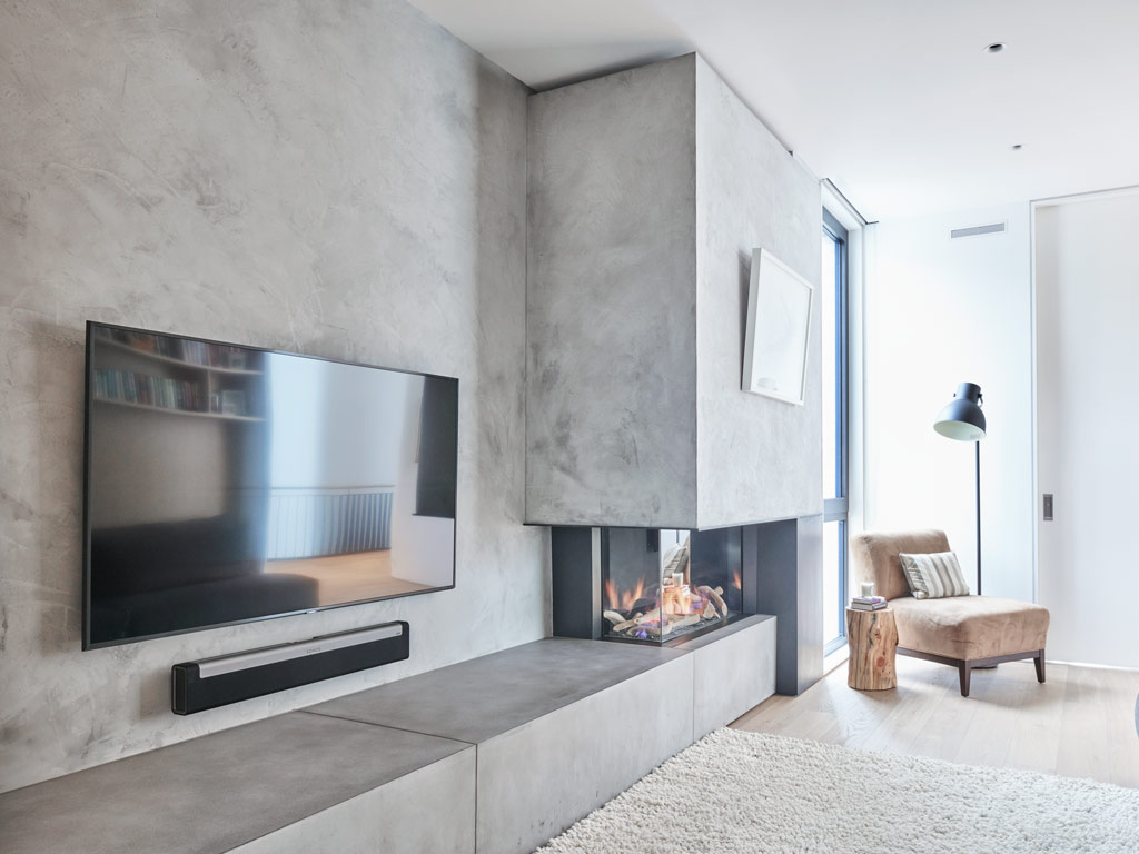 Microcement fireplace and wall